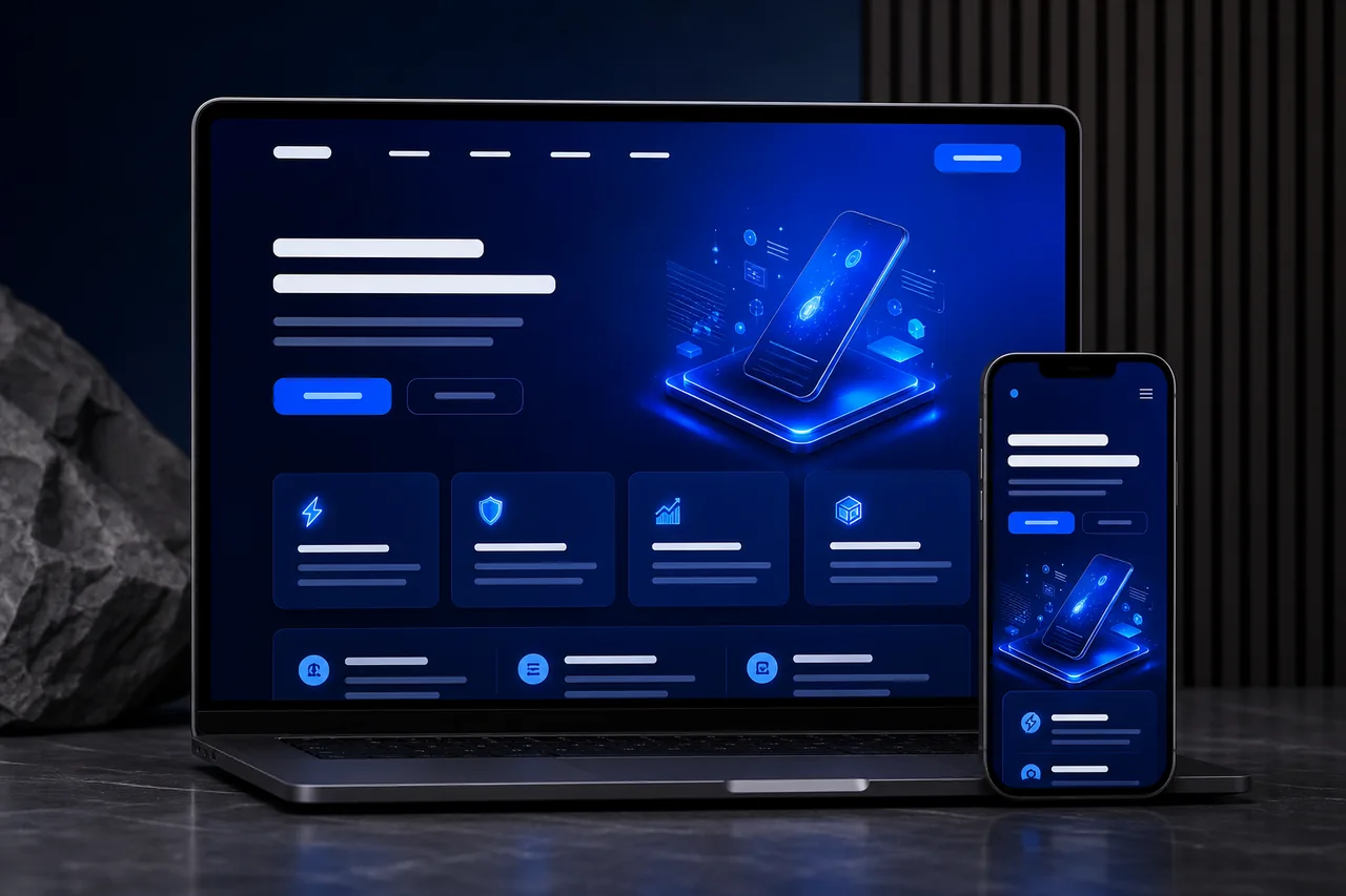 Exemplo de landing page com visual tecnológico em notebook e celular