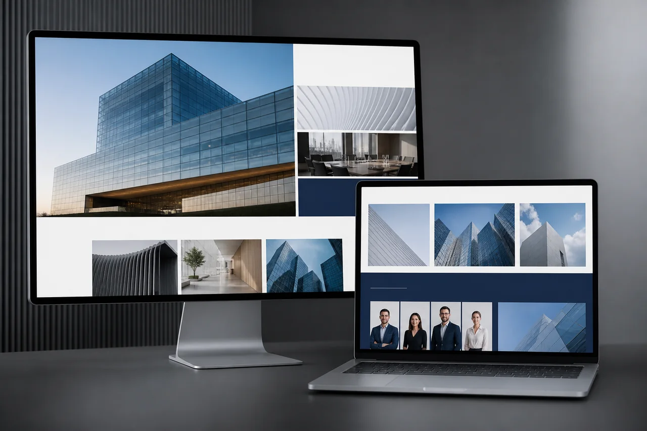 Exemplo de site institucional moderno exibido em computador e notebook