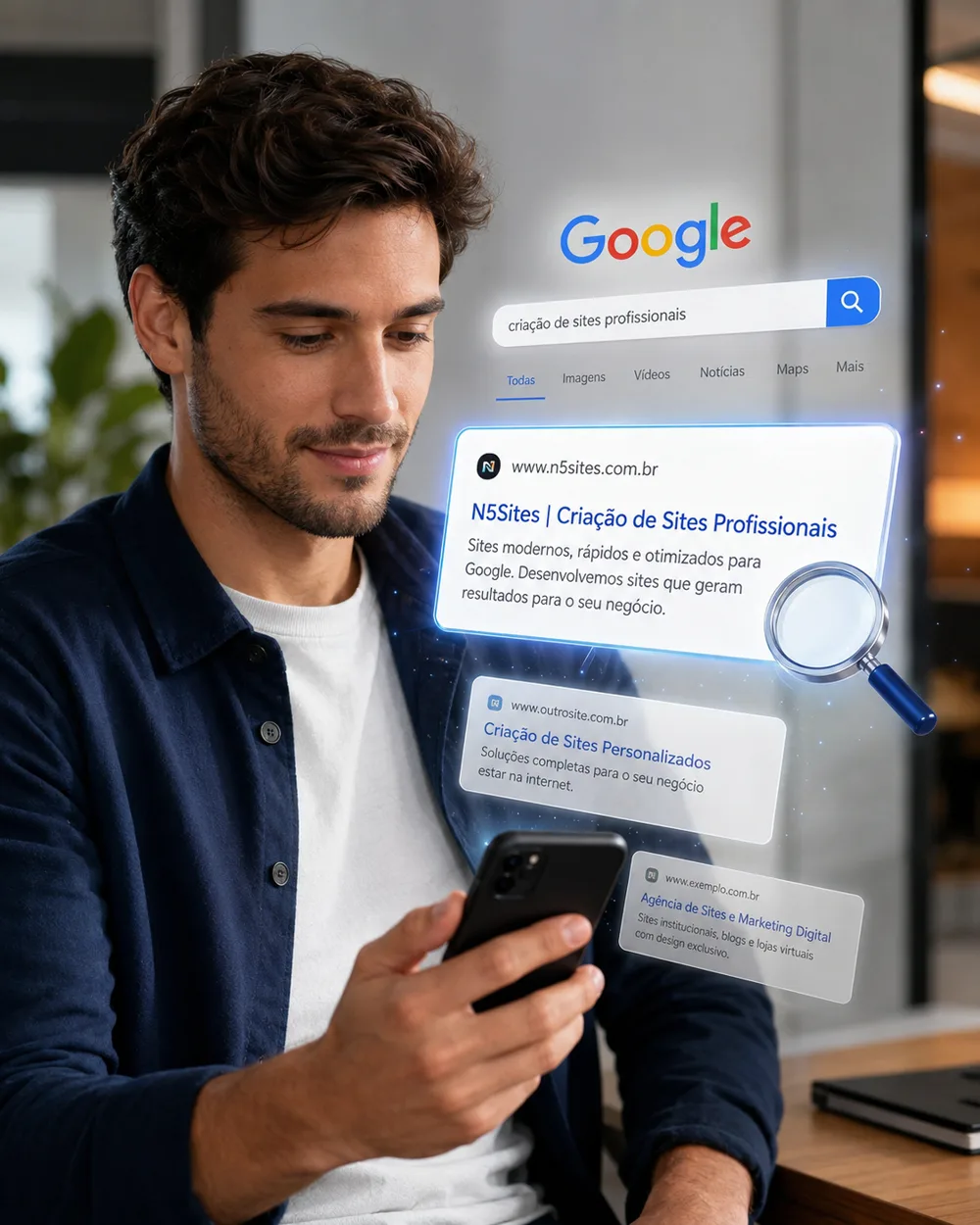 Pessoa pesquisando criação de sites profissionais no Google